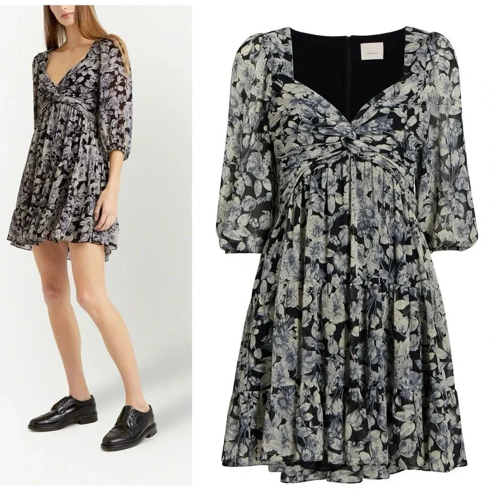 NWOT $395 Cinq a Sept Harlie Twisted Floral Tiered Mini Balloon Sleeve Dress